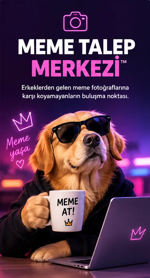 Meme Talep Merkezi: güneş gözlüklü köpek, elinde “Meme At!” yazan kupa